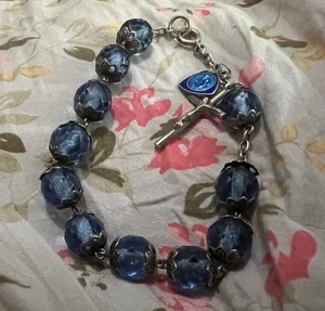 French Rosary Bracelet 8” Blue Lg Glass Beads Silver Decade Antique Prayer Medal - Picture 1 of 13