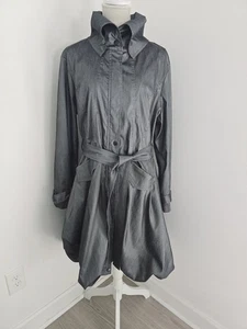 Samuel Dong Gray Metallic Taffeta Collared Bubble Hem Zip Trench Jacket Coat XL - Picture 1 of 14