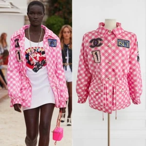 NWT CHANEL 23C SEQUIN LOGO EMBROIDERED PINK CHECK SILK JUMPER JACKET FR34 - Picture 1 of 11
