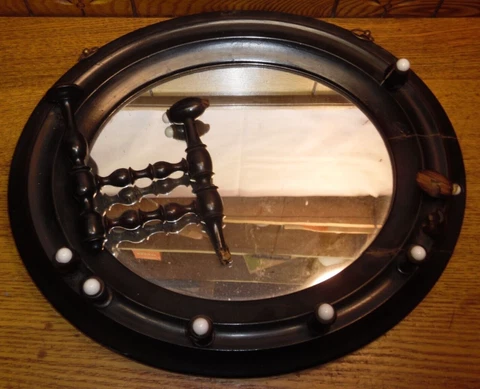 DAMAGED Antique Small Oval Hanging Mirror w/ Porcelain Tips Hat Rack - AS IS Cover
