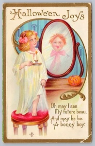 1911 Halloween Girl Looking in Mirror Boy JOL Stecher Gilt Embossed Postcard - Bild 1 von 2