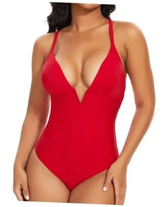 Women's One Piece Swimsuit Deep V Neck Bathing Suits Tummy Control Medium Red - Picture 1 of 6
