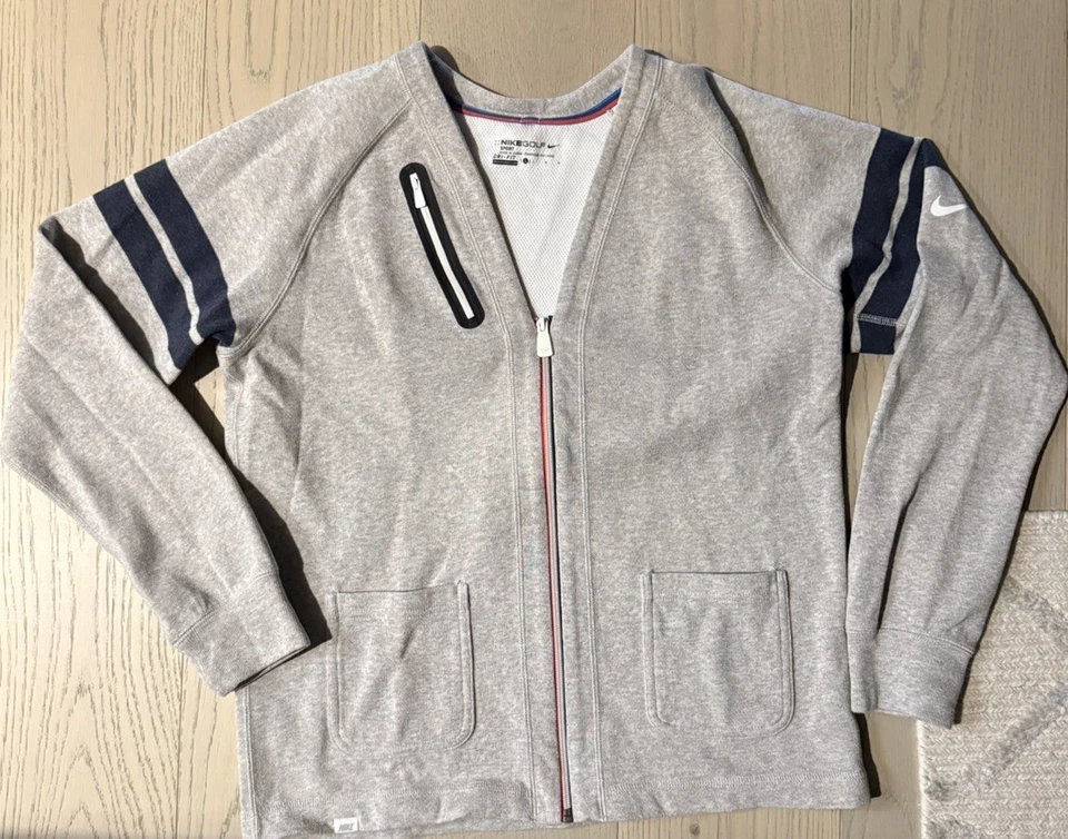 Cardigã suéter masculino NIke Golf Dri Fit manga longa grande zíper cinza listra azul marinho - Imagem 1 de 4