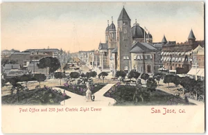Torre de luz eléctrica de oficina de correos SAN JOSE CA 1900 coloreada a mano postal vintage - Imagen 1 de 2