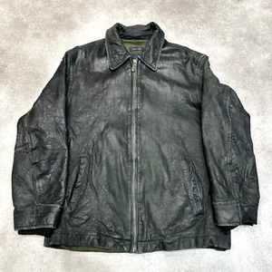 Nautica Leather Jacket Mens 42" 90s USA Vintage Full Zip Bomber Coat, Black - Picture 1 of 13