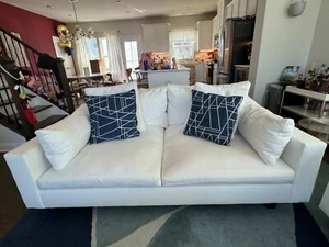 Harmony 76" Sofa, Down Blend, Performance Washed Canvas, White, Dark Walnu- used - Picture 1 of 1