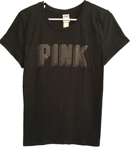 Victoria's Secret PINK Perfect Tee Black Shine Rhinestone Logo Shirt Top L NEW - Picture 1 of 11