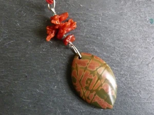 Collier/pendentif, argent, jaspe et corail - Picture 1 of 18