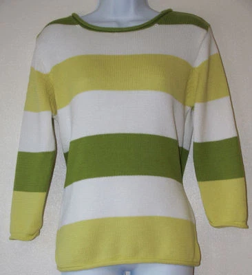 Pierre Cardin White/Green/Lime Color Striped 3/4 Sleeve Sweater Sz M 100% Cotton - Image 1 of 4