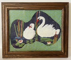 Vintage 60s Wood Framed Swan Crewel Art Matted W/Glass Wall Hanging 12 X 10 - Picture 1 of 14