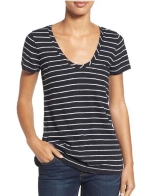 Camiseta CASLON Top Ligero Mezcla Algodón Negro Blanco Rayas Cuello Redondo Mujeres XXS Foto 1 de 4