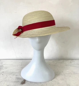 Vintage Sun Hat Ribbon Trim Red Floral Corsage 80s C&A Beach Holiday - Picture 1 of 8