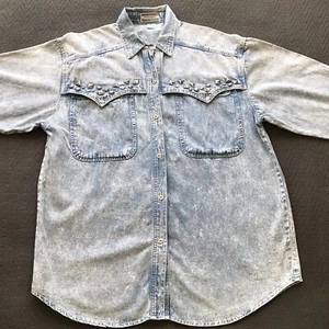 Vintage Stéfano International Sportswear Acid Wash Denim Button Down Shirt Studs - Picture 1 of 7