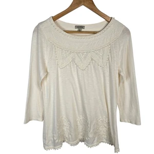 Lucky Brand kleines cremefarbenes 3/4-Arm-Top Damen Bluse mit Häkelborte - Bild 1 von 4