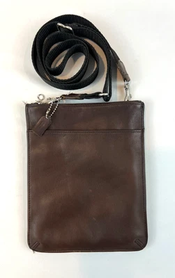 Vintage Coach Skinny Brown Leather Crossbody Sling Bag Canvas Strap Made USA - Image 1 of 4