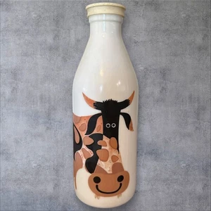 Egizia Italy Milk Glass Bottle 10” – Cartoon Cow Graphic w/ Plastic Lid, Vintage - Picture 1 of 7