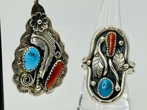 Vintage Navajo Sterling Silver Turquoise & Coral Ring Sz 9 & Pendant Signed - Picture 1 of 10