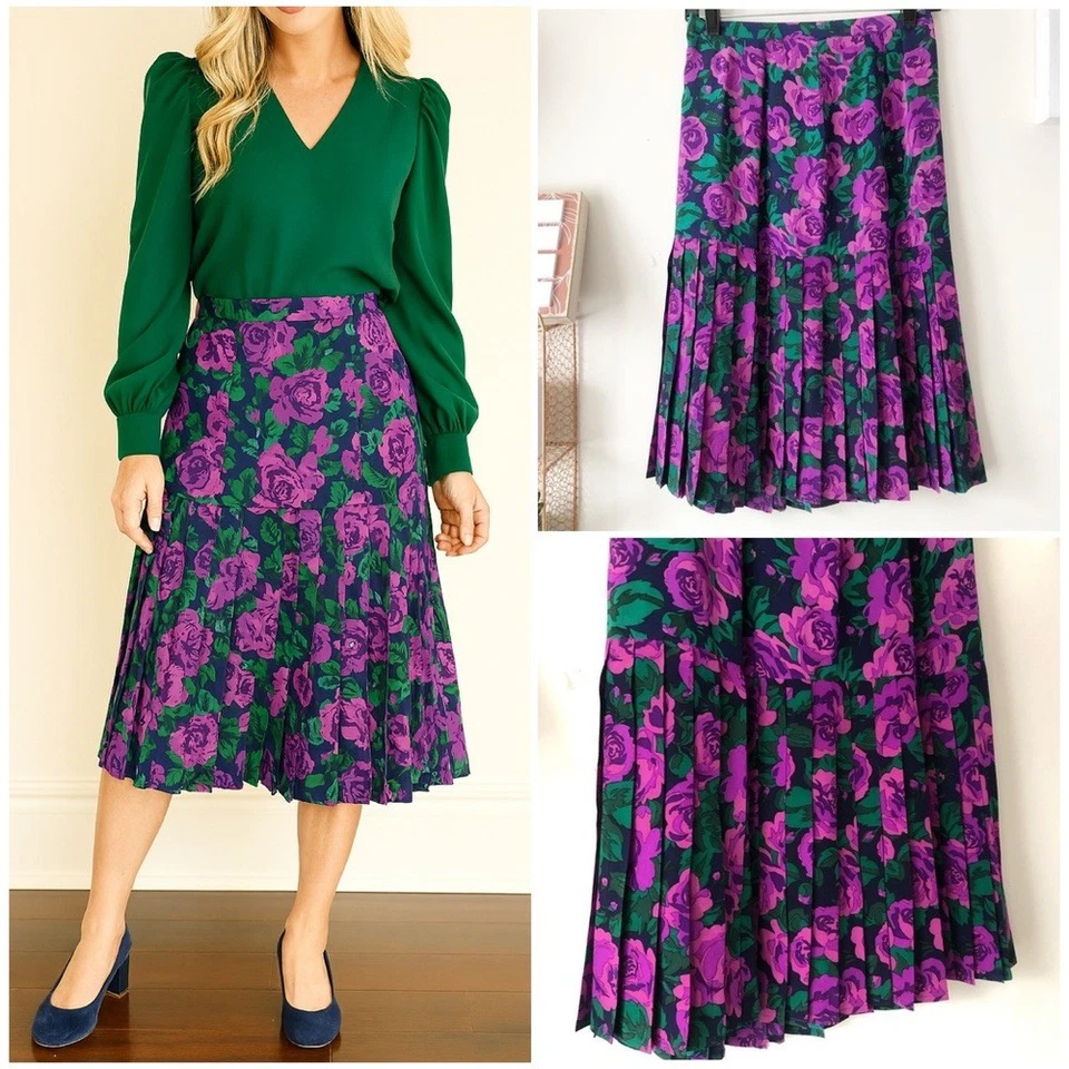 Falda midi plisada 100 % seda vintage años 80 talla 6 azul marino púrpura verde floral  Foto 1 de 4