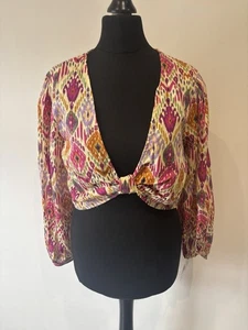 Zara Multicoloured patterned Blouse Bell Sleeved Top Zip Side Size S BNWT - Picture 1 of 10