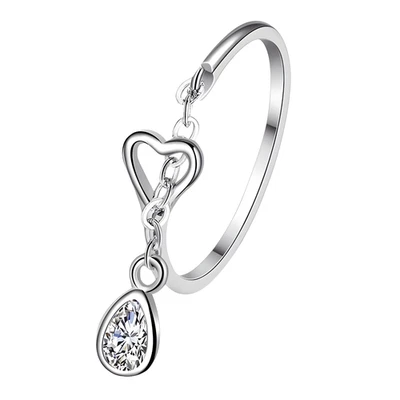 925 Sterling Silver Heart Love Dangle Crystal Adjustable Ring - AAA Zircon 364 - Image 1 of 4