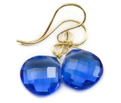 Pendientes oro 14k zafiro azul simulado corazón faceta plata esterlina lágrimas Foto 1 de 4