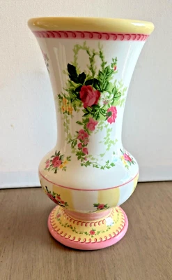 JARRÓN DE COLECCIÓN LAURA ASHLEY FLORAL SHABBY CHIC Rosas Rosa Amarillo FTD COTTAGE 9" EN MUY BUENA CONDICIÓN Foto 1 de 4