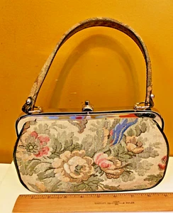 Vtg Needlepoint Tapestry Fabric Purse Rose Pattern Snap Lock Small Bag 9"x6x2" - Picture 1 of 5