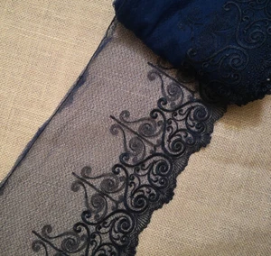 5 Yards 7" Wide Navy Tulle Mesh Lace with Embroidered Black Flower xh220 - Picture 1 of 4