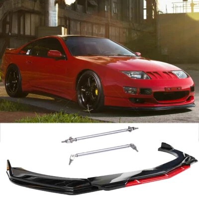 Front Bumper Lip Spoiler Splitter Glossy Black+Red w/Strut Rods For Nissan 300ZX - Image 1 of 4
