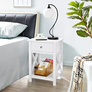 White Small Wooden Side Table End Table Bedside Table Storage Shelf with Drawer - Picture 1 of 19