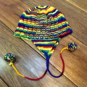 Primary Color Wool Blend Knit Winter Snow Ski Hat Cap Ear Flaps Toddlers Vintage - Picture 1 of 4