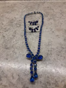 Vintage blau Strass 15" Halskette & 1" Schraubverschluss Ohrringe Set silberfarben - Bild 1 von 9