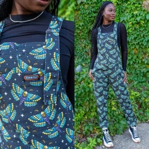 RUN AND FLY Dungarees Death Head Moth Print Stretch Twill Cotton Overalls - Picture 1 of 8