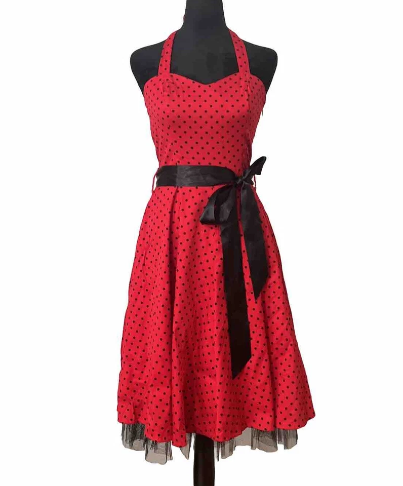 Red Polka Dot Halter Dress Sz 10 Rockabilly Waist Tie Bow Peplum Pinup Fit Flare - Image 1 of 4
