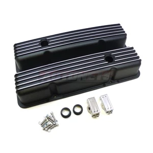 SBC Small Block Chevy Nostalgic Finned Black Aluminum Tall Valve Cover Retro 350 - Picture 1 of 3