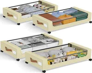 XXL Underbed Storage 4-Pack w/Wheels-Metal Frame,Clear Window,Bins for Clothes - Picture 1 of 11