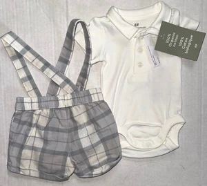H & M 2 piece set white/light gray checked size NEWBORN - Picture 1 of 2