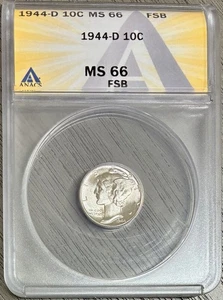 1944-D Silver Mercury Dime, ANACS MS-66 FB (Full Bands), Well-Struck Beauty! - Picture 1 of 2