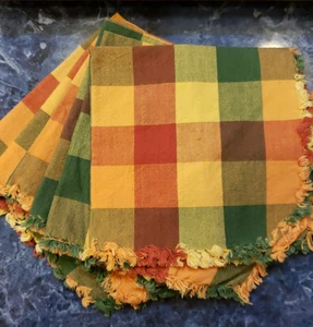 Fall Plaid Napkins Fringe Edges Set of 6 Cotton 16x16 Thanksgiving Orange Green - Picture 1 of 4