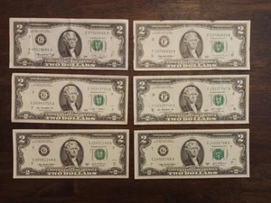 (6) $2 Two Dollar Bills collection dated from 1976 to 2003 | Lot of 6 shown - Picture 1 of 9