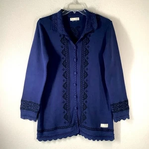 ODD MOLLY bestickte Baumwolle Strickjacke Longline Knopfleiste Boho künstlerisch blau XL - Bild 1 von 13
