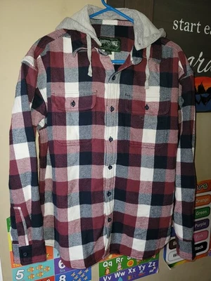 American Eagle Jacket Men M Gray Red Plaid Flannel Detachable Hoodie Pockets - Image 1 of 4