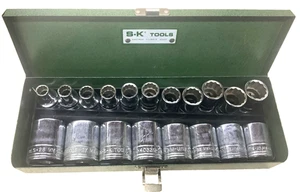 19-pc. S-K TOOLS 1/2” DRIVE METRIC SOCKET SET w/ STEEL CASE, 10mm-28mm, USA - Picture 1 of 9
