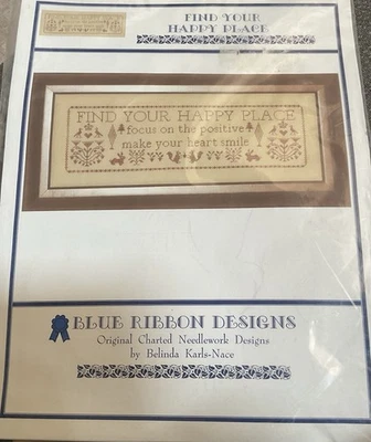 Blue Ribbon Designs Counted Cross Stitch Pattern  Linen Thread Find Your Happy.. - Image 1 of 3