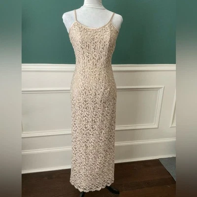 ASPEED Cream colored Midi Dress with Gold Metallic Lace Spaghetti Strap Size 3/4 - Image 1 of 4