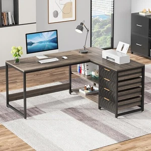 59 inch L Shaped Computer Desk Storage Drawers Office Desk Workstation Grey - Picture 1 of 9