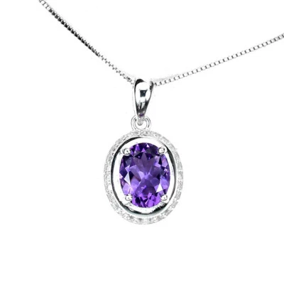 925 Argento Sterling Collana Ovale Ametista 9x7mm Topazio Bianco Gemma Gioielli - Immagine 1 di 4
