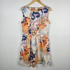Cue Dress Womens 12 Multicolour Floral Sleeveless Boat Neck Back Zip Pleated - Picture 1 of 7