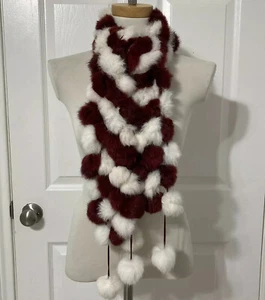 Vintage Authentic Rabbit Fur Scarf Maroon White Pom Pom Stole - Picture 1 of 4