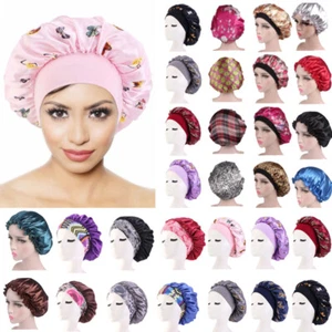 Women Printed Satin Night Sleep Cap Hair Bonnet Hat Wide Elastic Band HeadCover~ - Picture 1 of 53